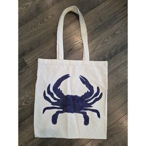 Blue Crab Graphic Canvas Tote Bag Cream Nautical Beach Market Bag